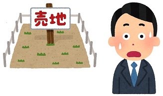 売地の立て札がたつ空き地の前で、汗をかいて口を開いた状態の男性イラスト