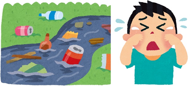ペットボトルや空き缶が流れる汚れた川と泣く男の子のイラスト
