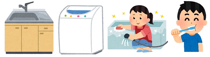 シンク、洗濯機、風呂掃除、歯磨きをする人のイラスト