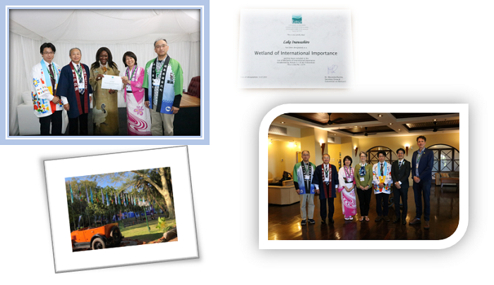 条約事務局長のムソンダ・ムンバ氏より猪苗代湖の登録認定証を受け取った際の写真など